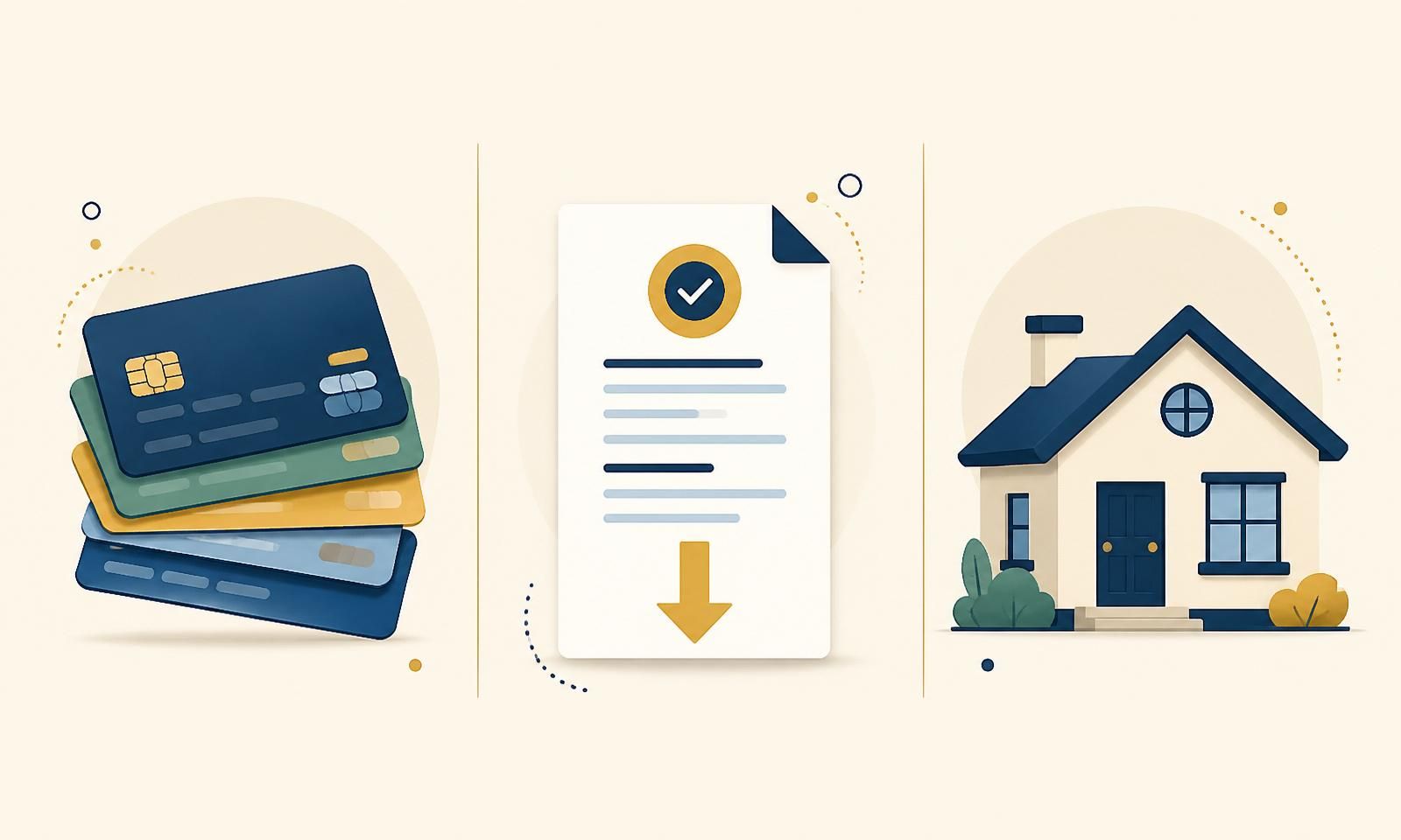Illustration comparing three debt payoff options: a stack of credit cards, a single consolidation loan document, and a small house representing a HELOC
