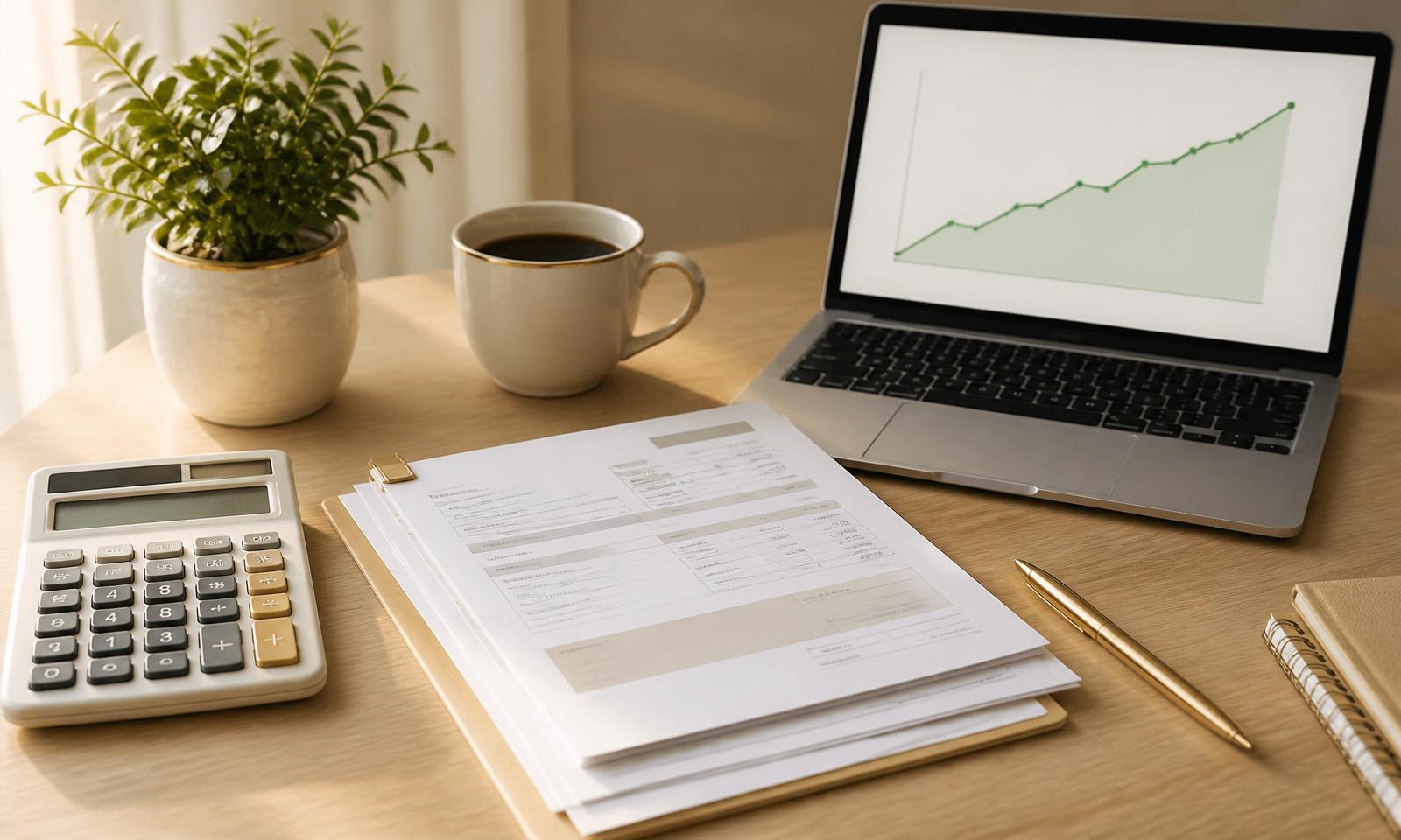 Organized personal finance workspace with a calculator, monthly statements, and a laptop showing a rising credit score chart
