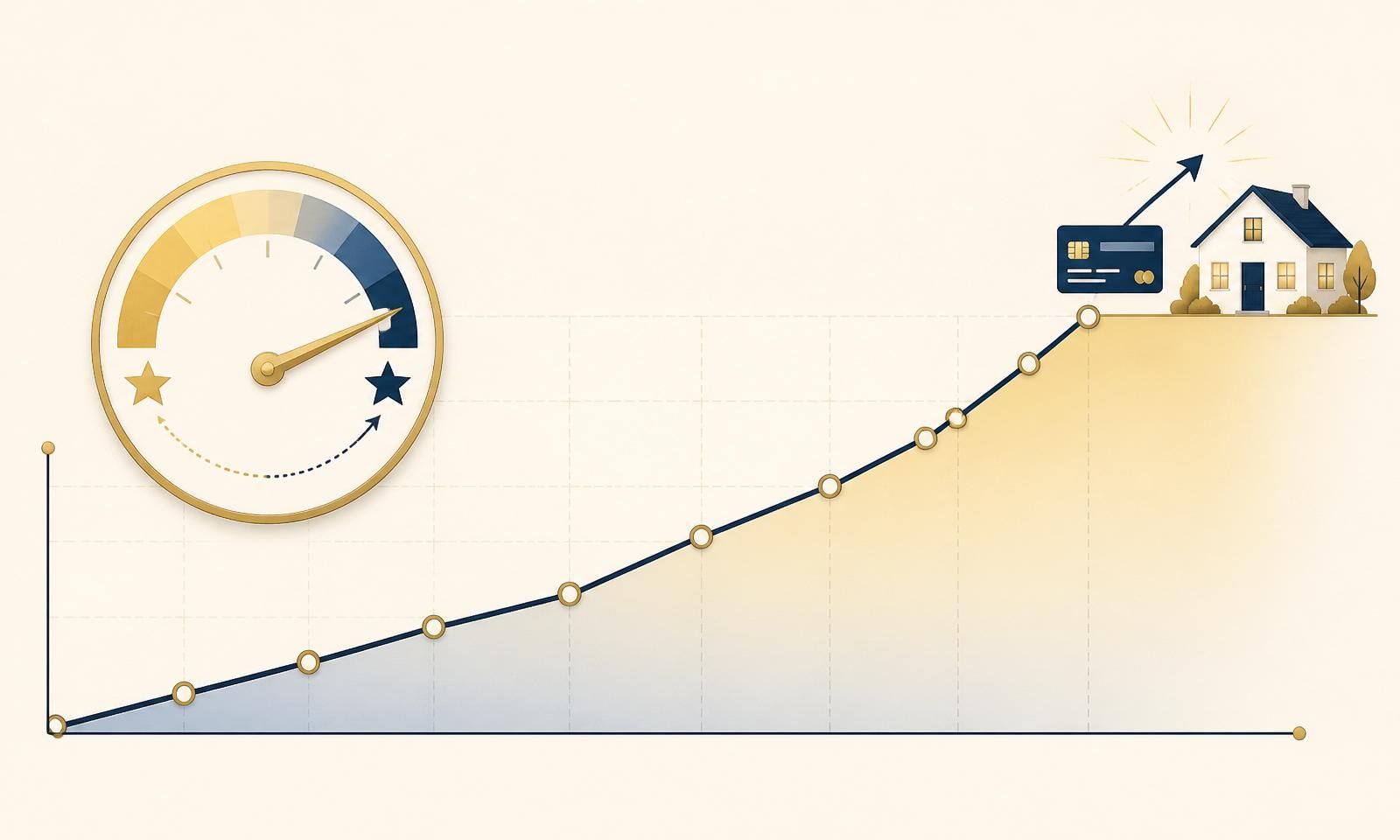 Stylized 12-month credit score improvement chart showing an initial dip followed by a longer-term upward trend