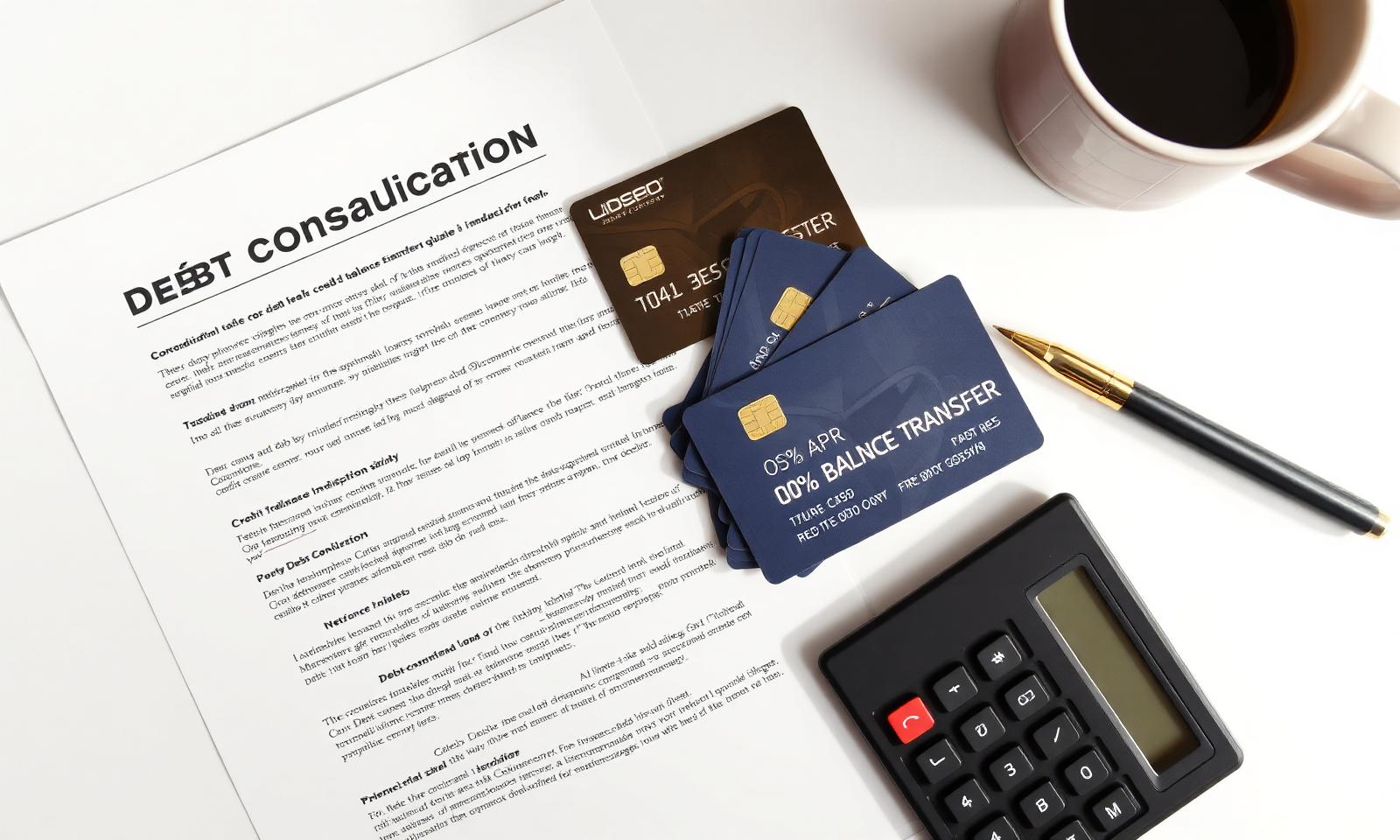 Debt consolidation loan document beside a stack of credit cards with a 0% APR balance transfer offer, calculator, and pen