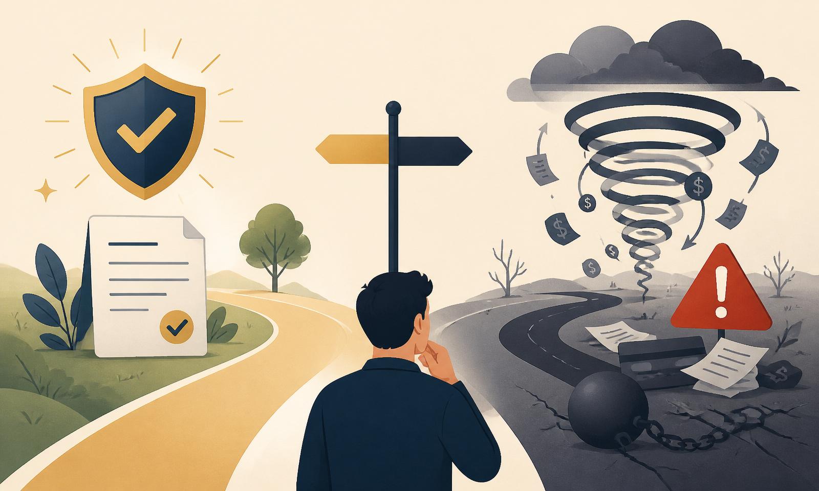 Illustration contrasting a safe personal loan path with a warning-styled payday loan debt-spiral path