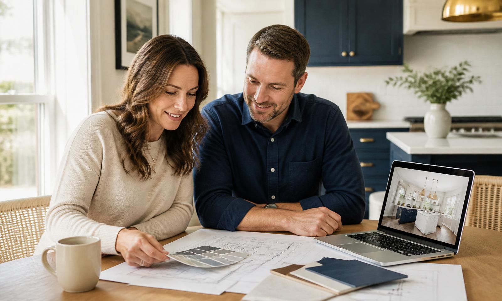 Homeowner couple reviewing home renovation blueprints and paint swatches at a bright kitchen table