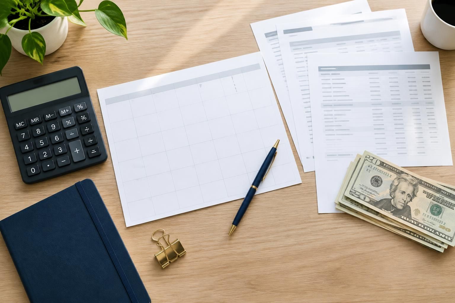 Calculator, monthly calendar, bank statements, notebook, and cash arranged on a desk