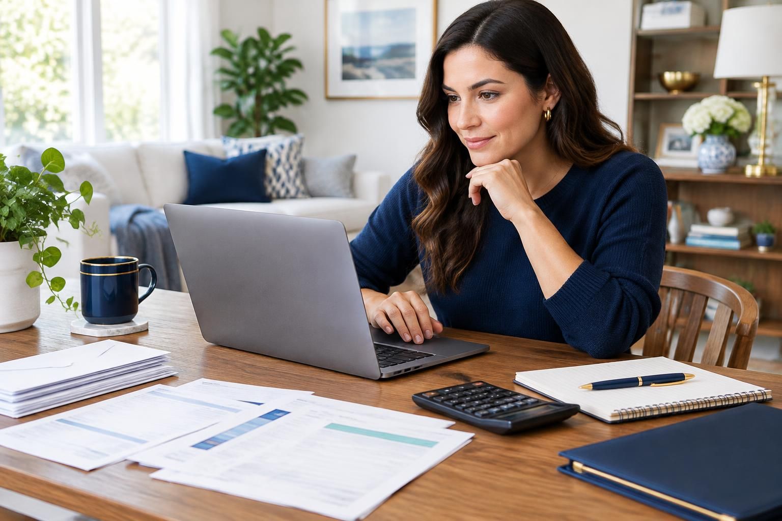 Woman preparing a personal loan application with a laptop, bills, notebook, and calculator