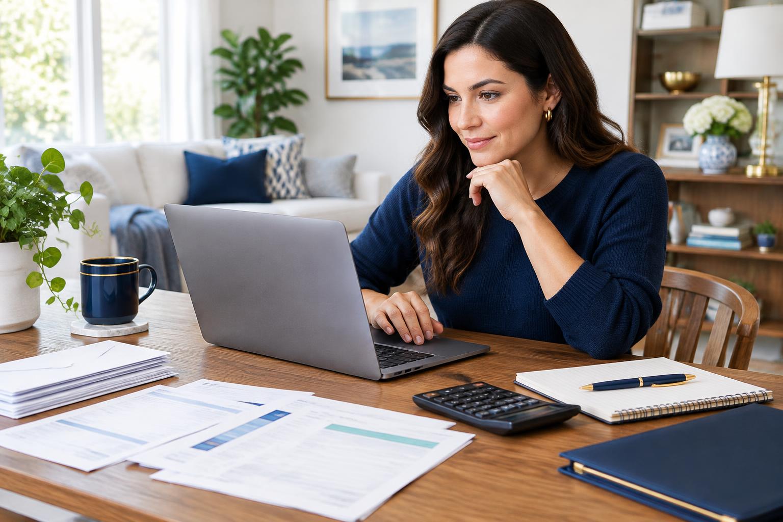 Woman preparing a personal loan application with a laptop, bills, notebook, and calculator