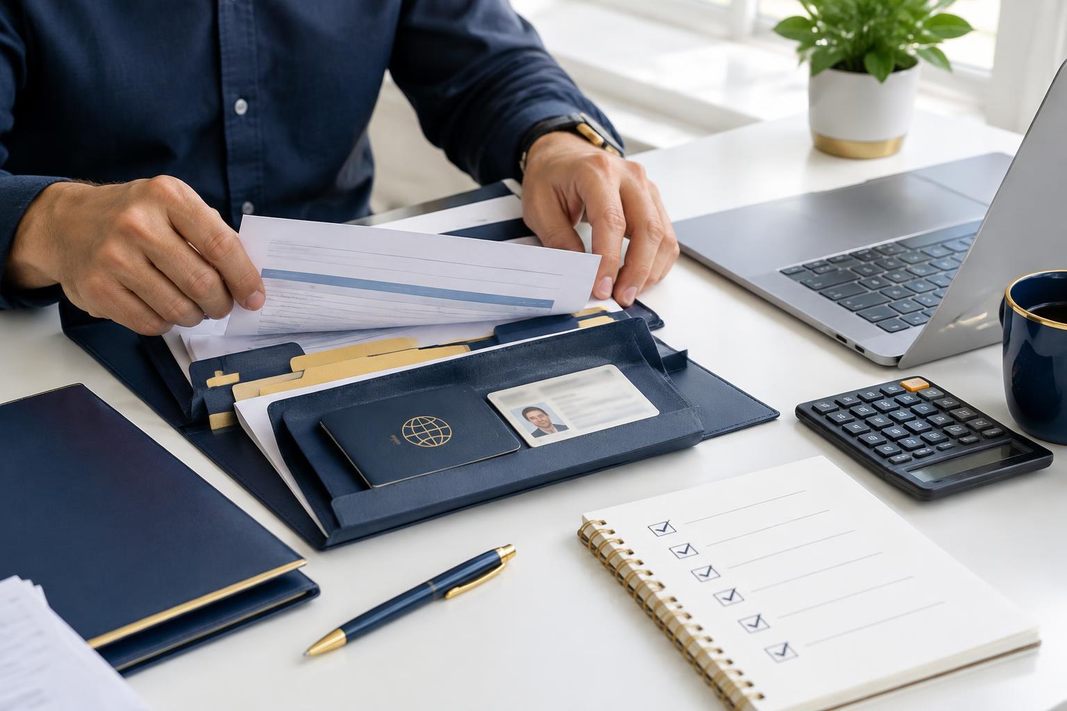 Hands organizing identification and income documents beside a laptop and calculator