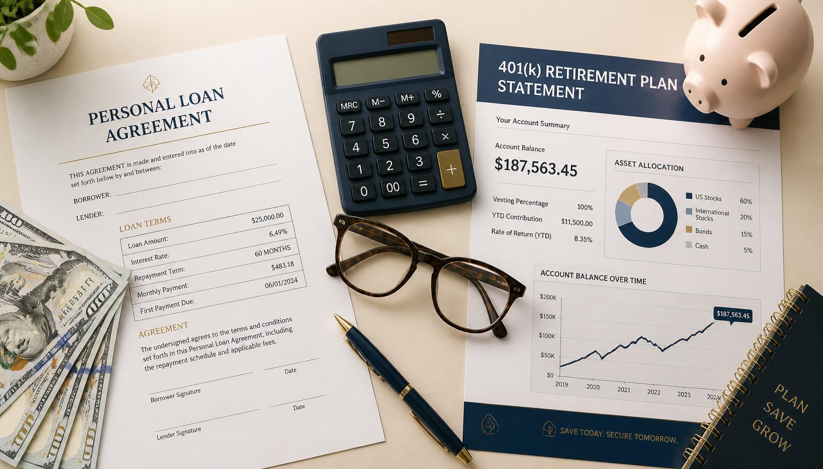 Flat-lay of a personal loan agreement with cash beside a 401(k) retirement plan statement, calculator, glasses, and a piggy bank