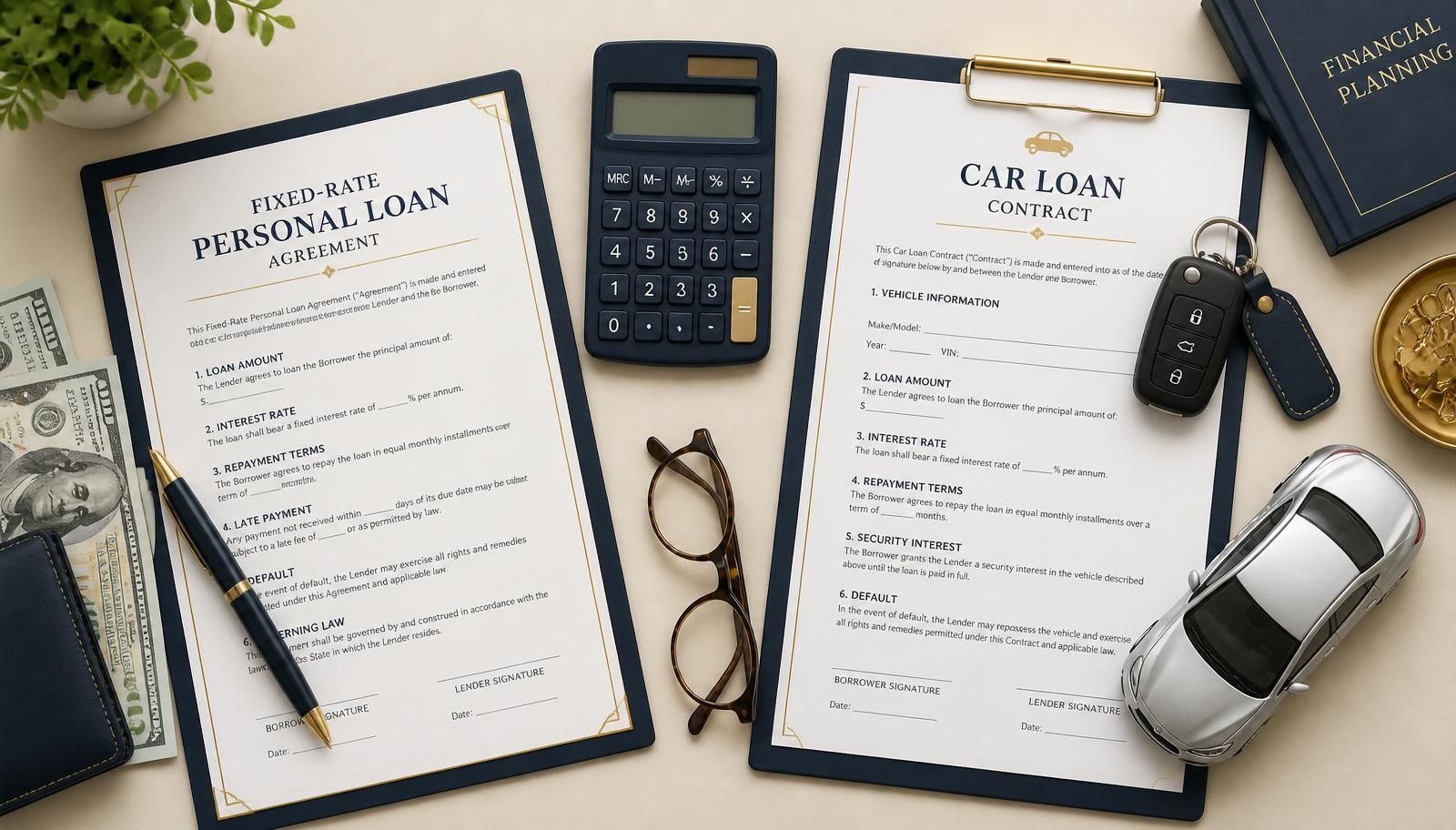 Flat-lay comparing a fixed-rate personal loan agreement with cash against a car loan contract with keys and a silver car model