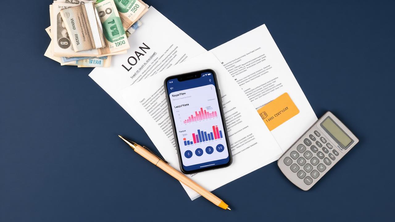 Flat-lay of a personal loan agreement with cash beside a smartphone showing a cash advance app, a credit card, pen and calculator