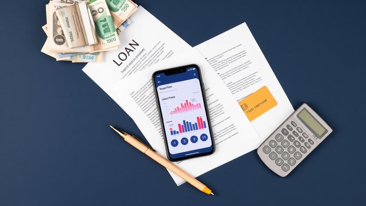 Flat-lay of a personal loan agreement with cash beside a smartphone showing a cash advance app, a credit card, pen and calculator