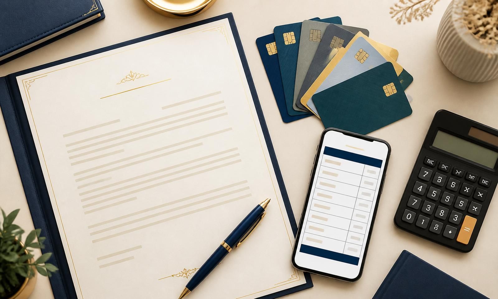 Flat-lay of a personal loan agreement next to a fan of credit cards, a calculator, and a phone showing a payment schedule