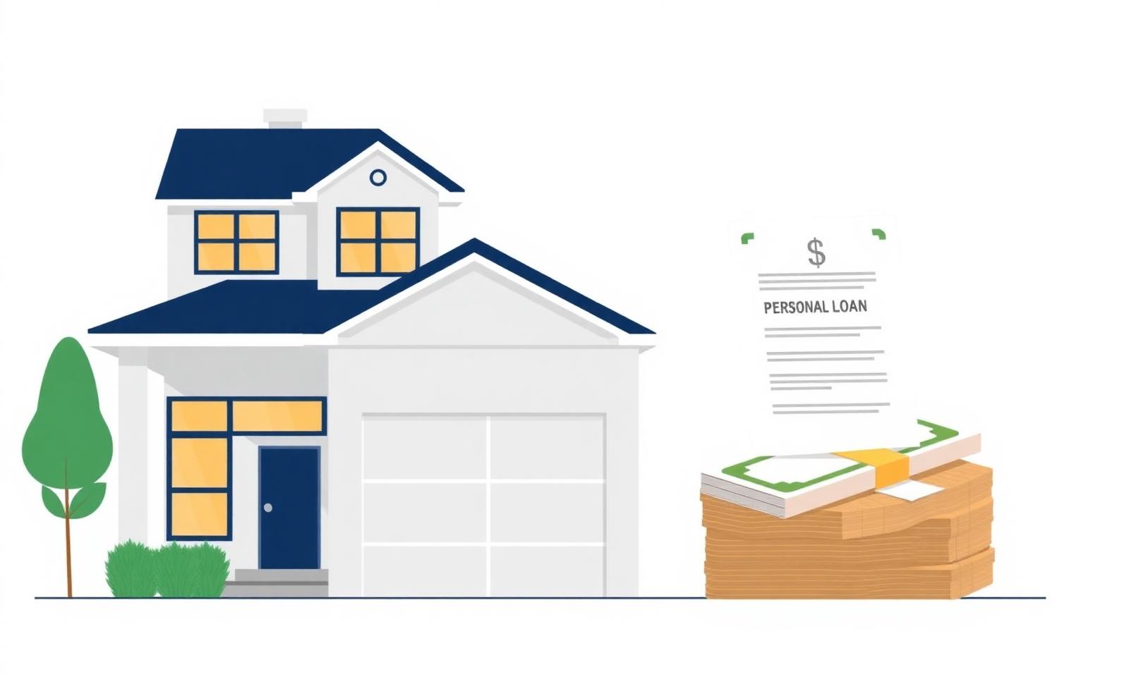 Illustration comparing a house representing a HELOC against a personal loan document and stack of cash