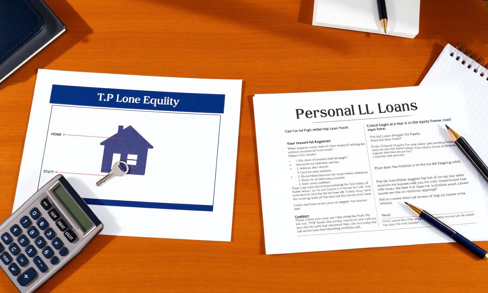Comparison of a personal loan agreement with cash beside a home equity loan document showing a house key and equity chart