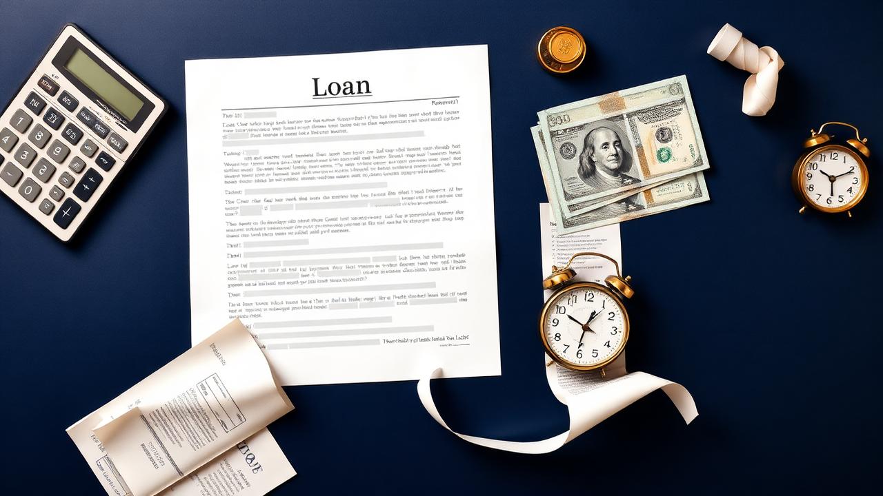 Flat-lay comparing a fixed-rate personal loan agreement with cash against a long payday loan receipt, calculator, and alarm clocks