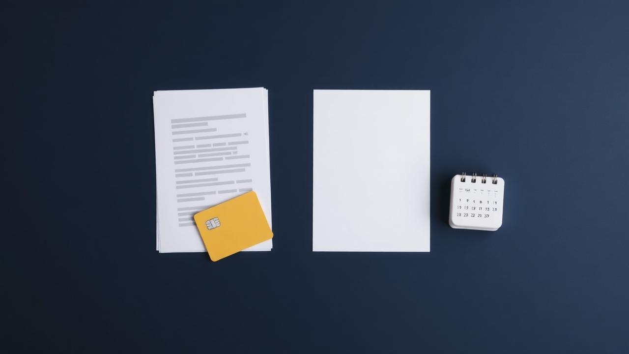 Flat-lay comparing a fixed-rate personal loan document with a gold credit card and a promotional offer letter beside a desk calendar