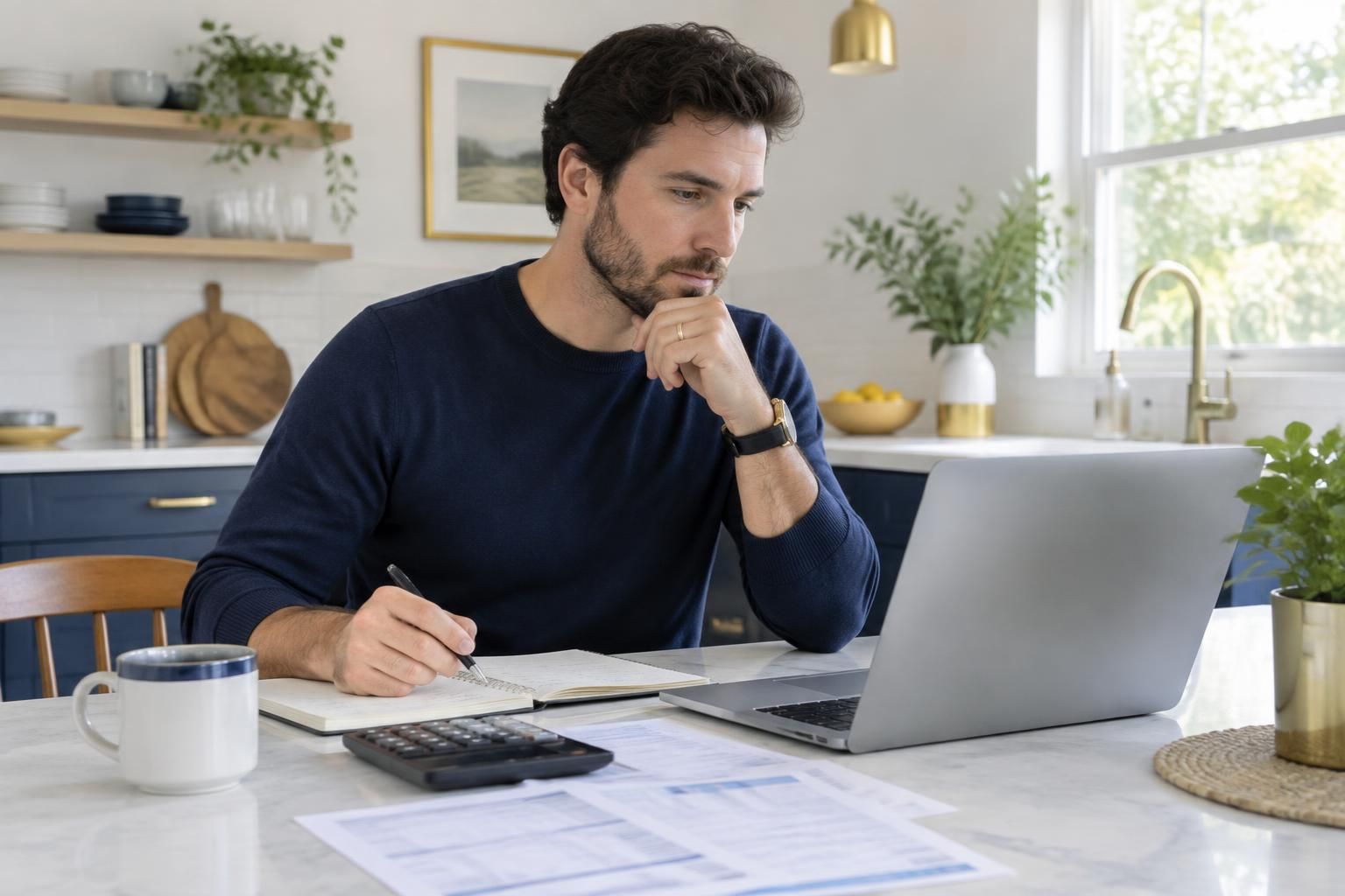 Man thoughtfully reviewing a household budget with a laptop and notebook at a kitchen table
